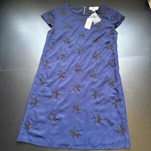 JULIE BROWN Navy Blue Beaded Gold‎ Star Cocktail Dress 8 Short Sleeve embroid